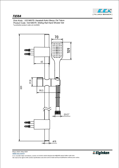 Eca Tiera Plus Hareketli Sürgülü Duş Seti (3 Fonksiyonlu) 102146092 4 e.c.a.-Tiera-Hareketli-Banyo-Üst-Takım